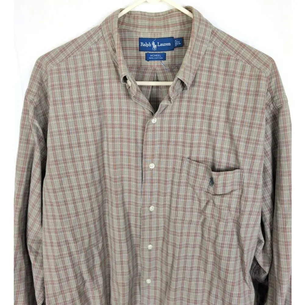 Ralph Lauren McMeel brown plaid long sleeve button up shirt Size Large Preppy